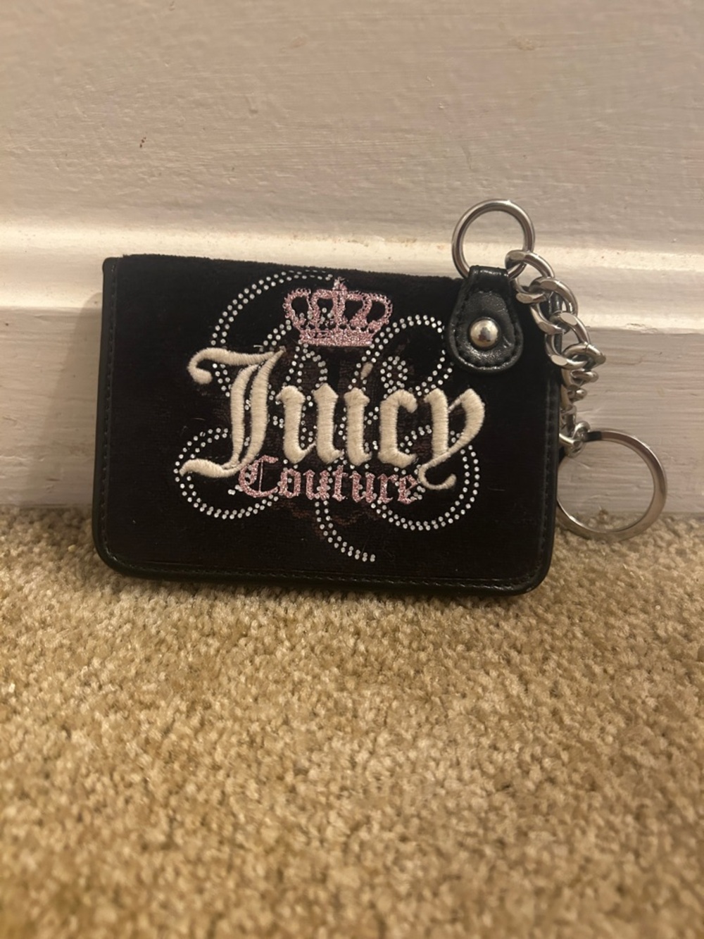 Juicy Couture Black Card Holder Keychain with Pink Crown Accent